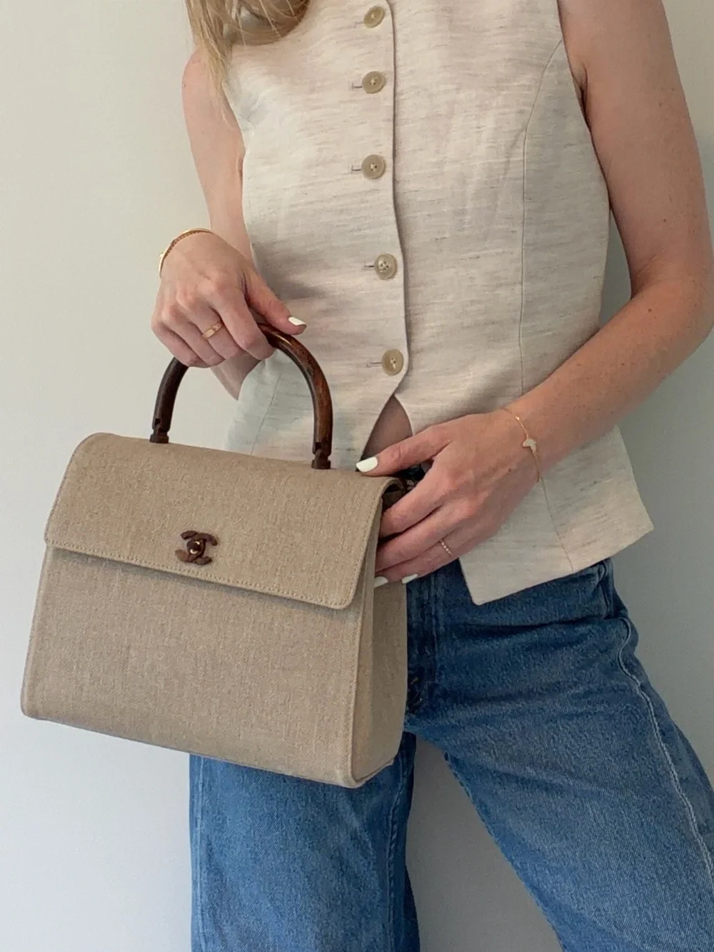 RARE CHANEL vintage 2001 linen tortoise shell Kelly bag